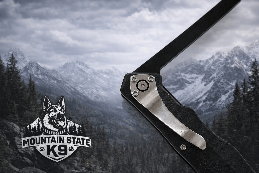 K9 Outstick tool designed for professional handlers in high-drive bite work, featuring Mountain State K9 logo.